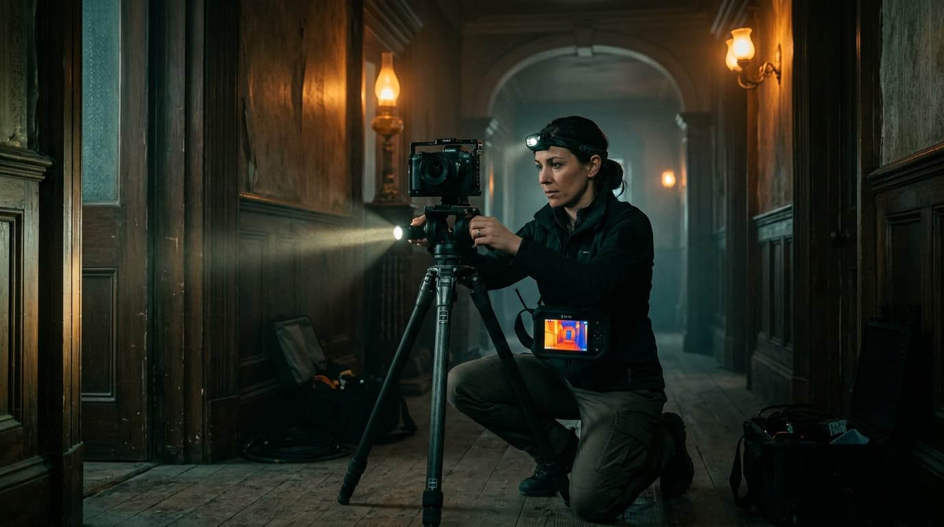 TAPS investigator setting up equipment in a dark corridor