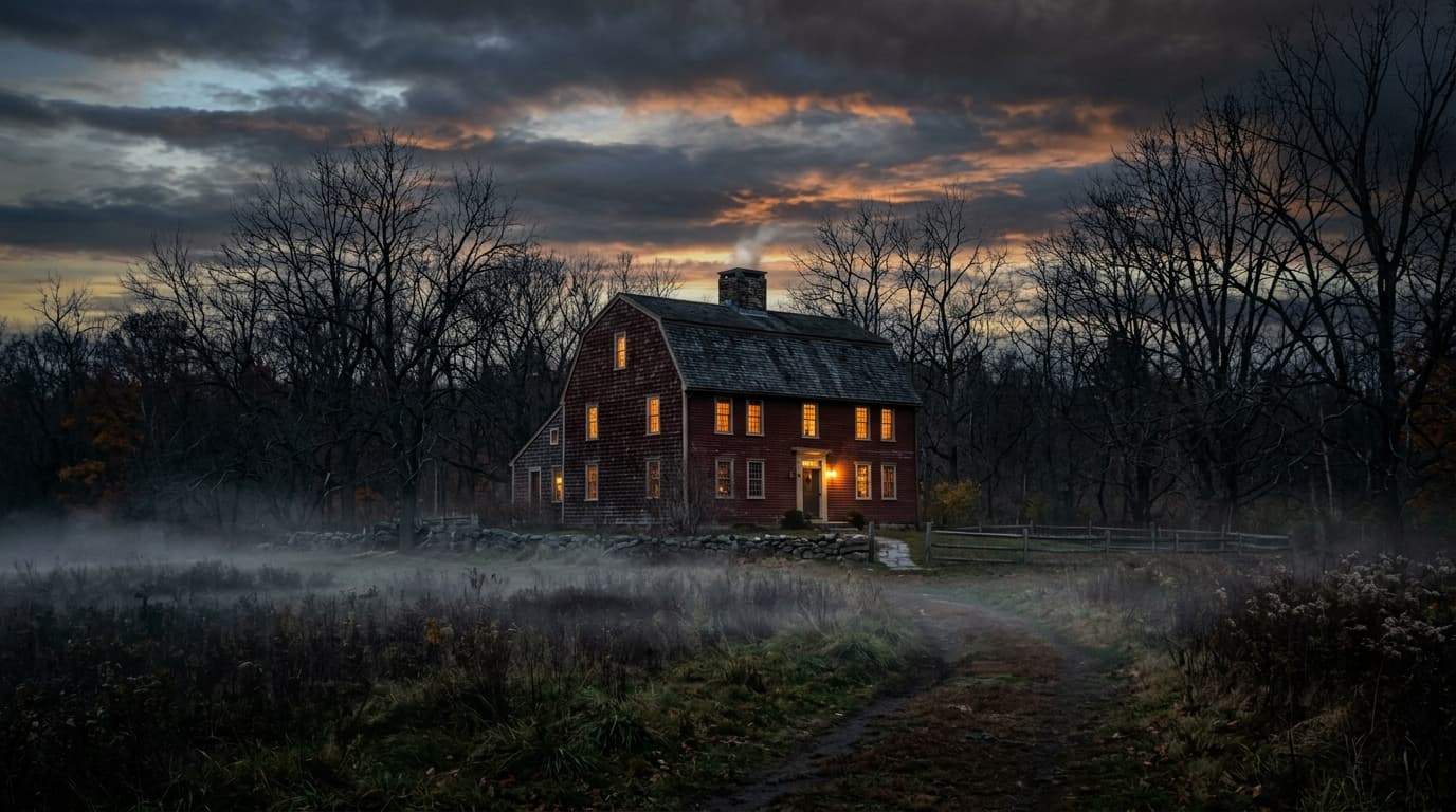 Colonial Connecticut farmhouse at dusk with autumn trees