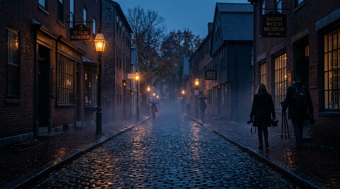 Historic colonial Massachusetts town at blue hour