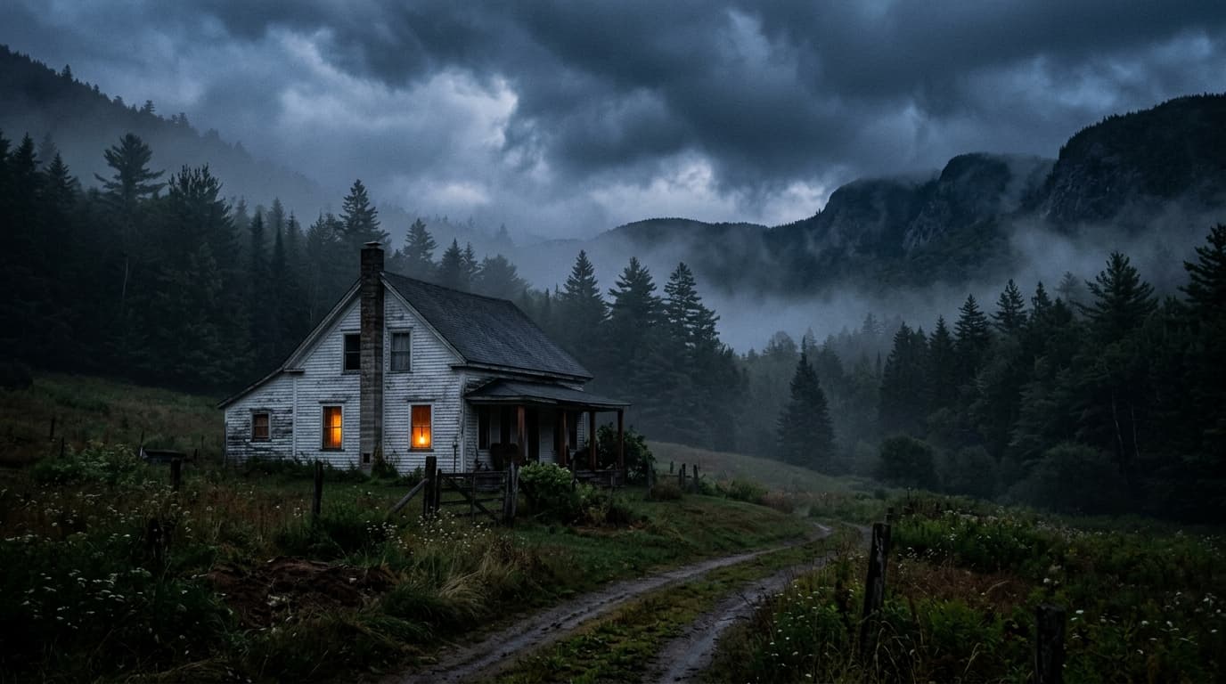 Remote New Hampshire farmhouse in a misty mountain valley