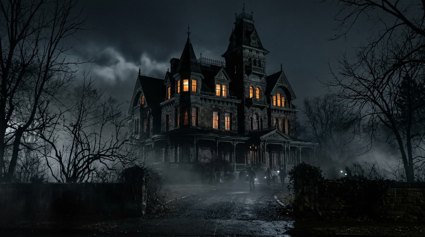 Historic Victorian mansion in New York at night