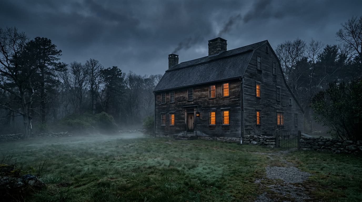 Historic colonial home in Rhode Island at dusk
